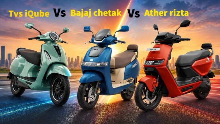 TVS iQube, Bajaj Chetak and Ather Rizta electric scooter comparison graphic