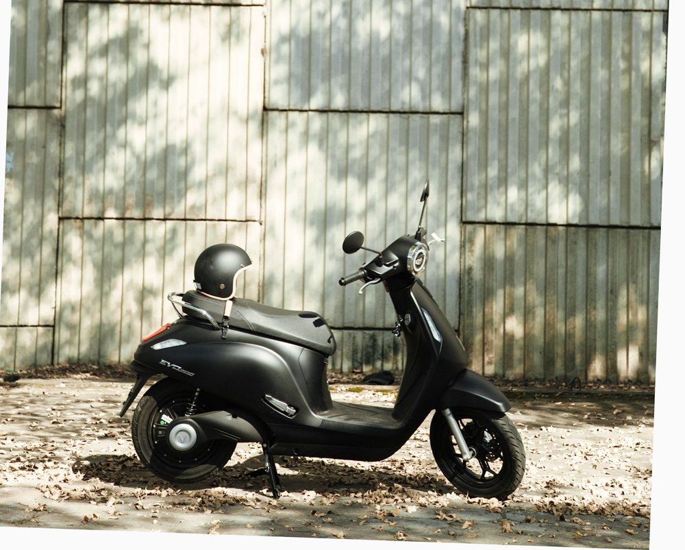 Black VinFast Evo200 electric scooter photographed in Vietnam